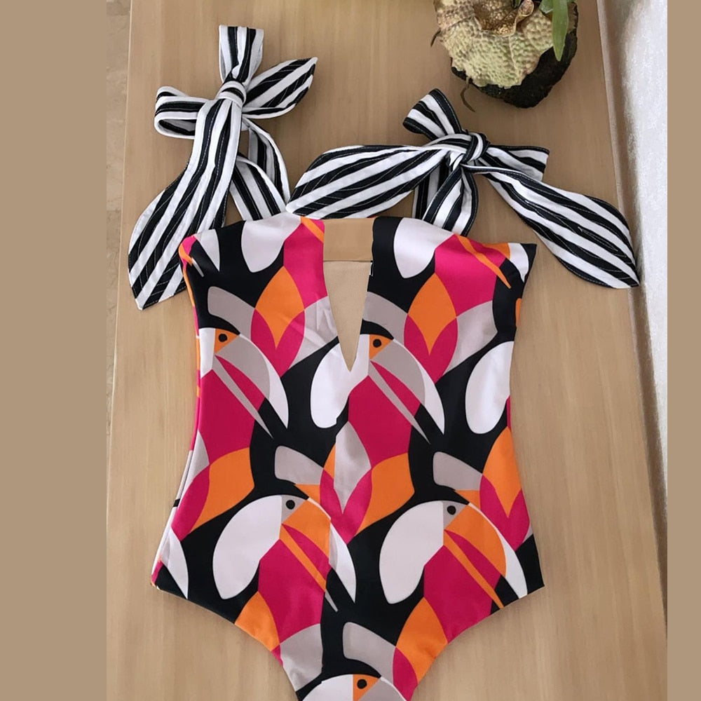 2022 New Sexy One Piece Swimsuit Shoulder Strappy Swimsuit Print Floral Swimwear Women Backless Bathing Suit Beach Wear Monokini