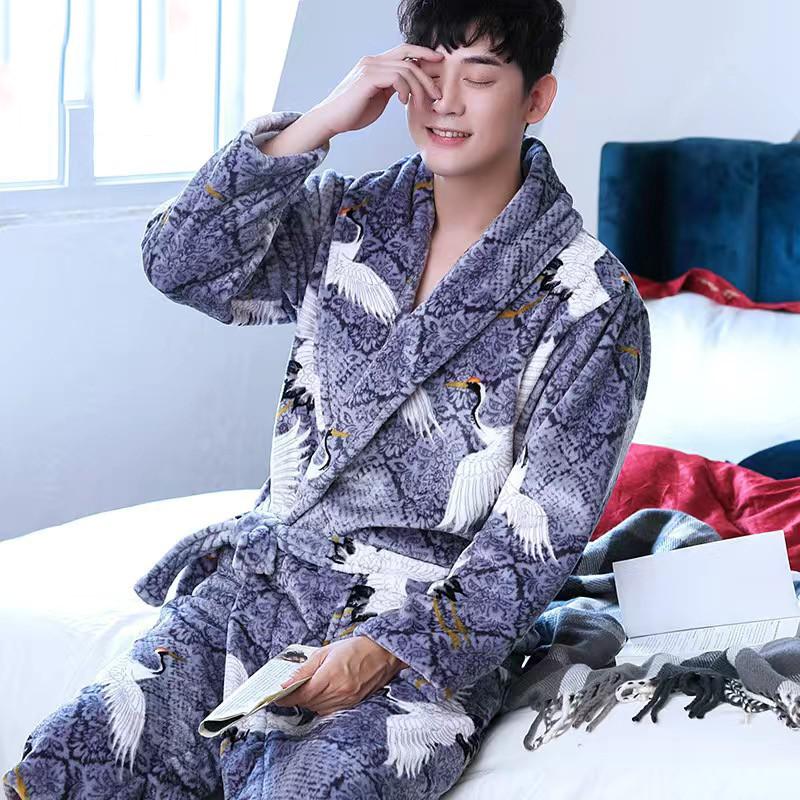 Men Casual Kimono Bathrobe Autumn Winter Flannel Long Robe Thick Warm Sleepwear Plus Size 3XL Nightgown Male Loose Home Wear