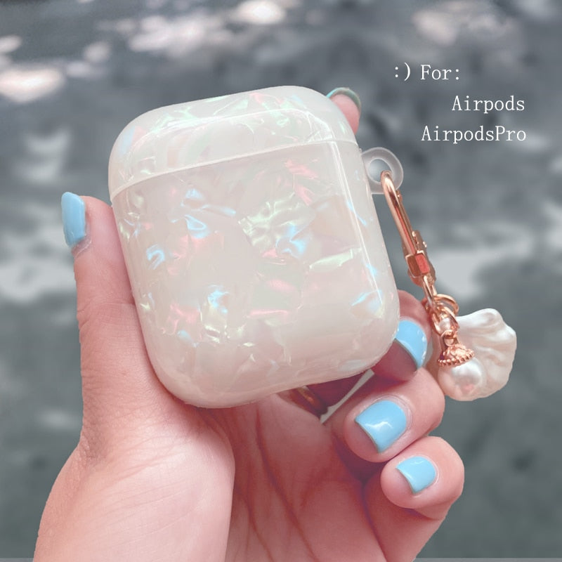Dreamy White Glossy Shell Pearl Bracelet Keychain Earphone Soft case For Apple Airpods 1 2 Pro 3 Wireless Headset Box Cover