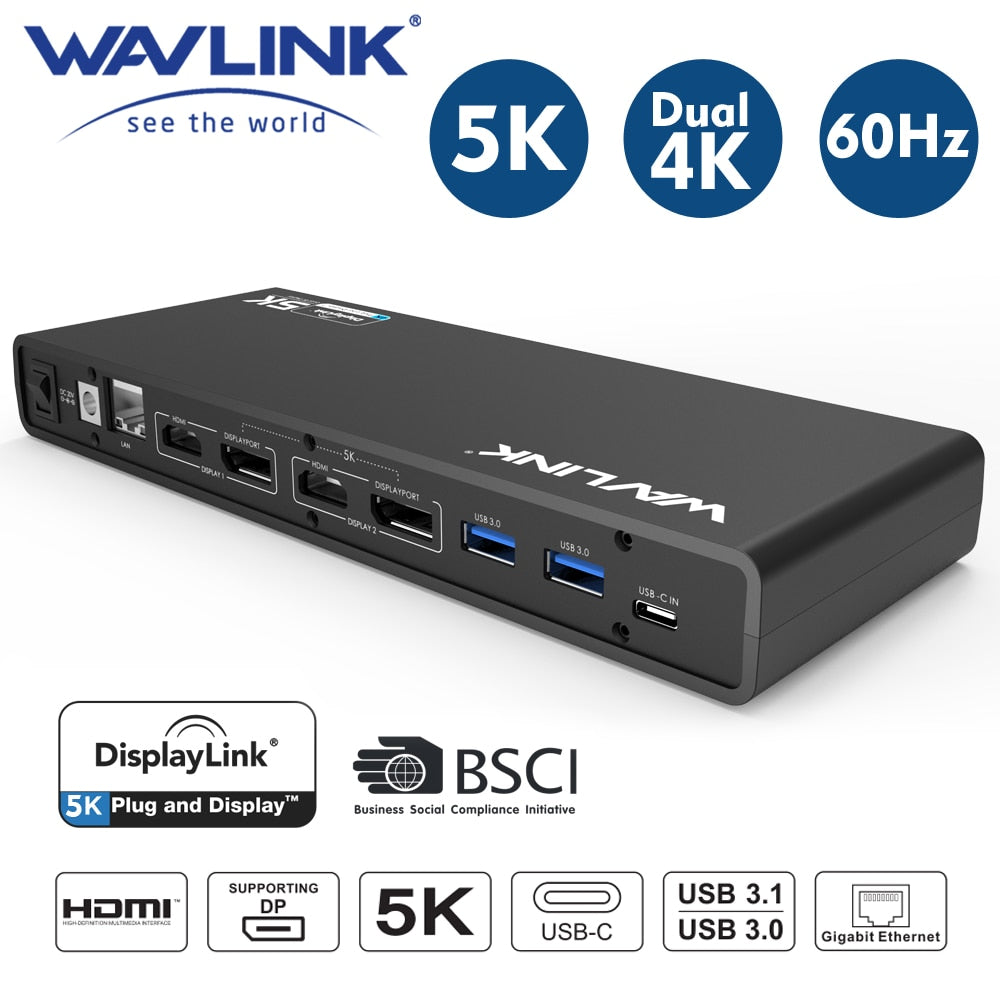 محطة إرساء عالمية Wavlink Displaylink 5K USB-C عرض مزدوج USB 3.0 فيديو جيجابت إيثرنت HDMIport لنظام التشغيل Windows Mac OS