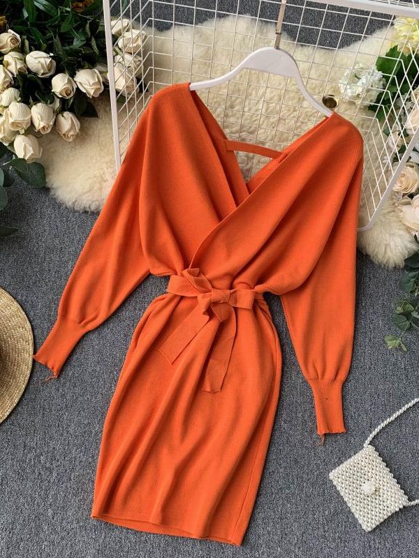 YuooMuoo Autumn Winter Women Knitted Sweater Dress 2022 New Korean Long Batwing Sleeve V Neck Elegant Dress Ladies Bandage Dress