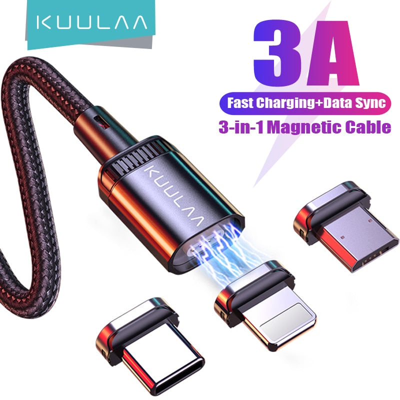 KUULAA LED كابل USB مغناطيسي 3A شحن سريع نوع C كابل شاحن مغناطيسي مايكرو USB كابل آيفون شاومي بوكو سامسونج الحبل