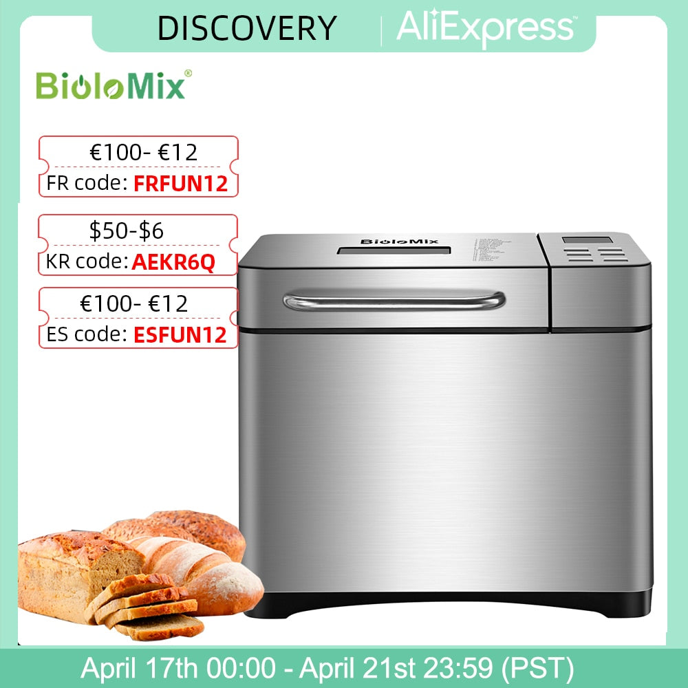 Biolomix Stainless Steel 1KG 19-in-1 Automatic Bread Maker 650W Programmable Bread Machine with 3 Loaf Sizes Fruit Nut Dispenser