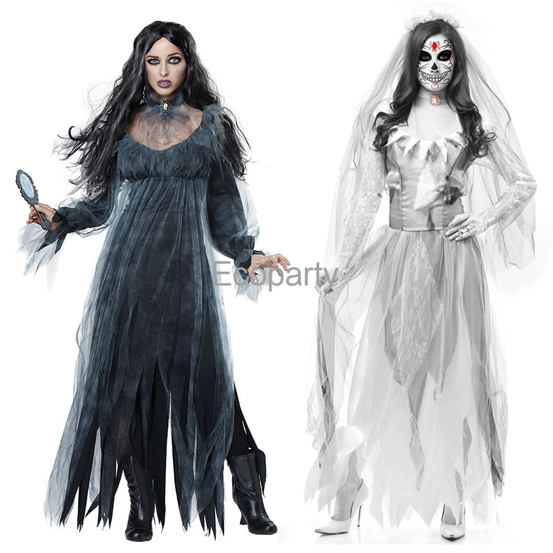 Women Halloween Horror Bride Ghost Zombie Cosplay Halloween Black White Long Sleeve Irregular Dress Masquerade Party Dress Up