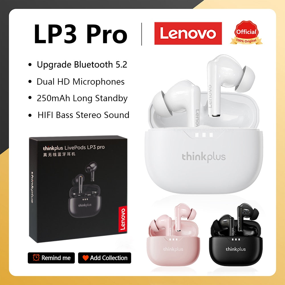 Original Lenovo Lp3 pro TWS Earphones Wireless Bluetooth 5.2 Earbuds HIFI Sound Noise Reduction HD Call Low Latency Headphones