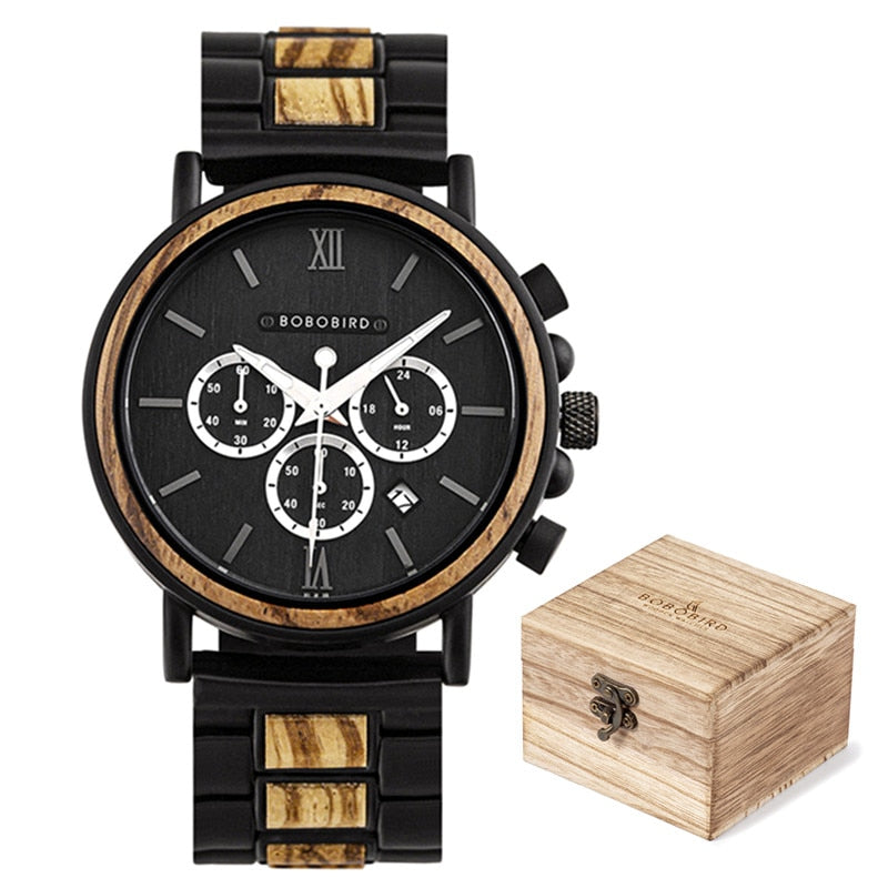 بوبو بيرد ساعة خشبية للرجال ساعة توقيت كرونوغراف فاخرة أنيقة عرض تاريخ الخشب كوارتز ساعة اليد الذكور الساعات في صندوق هدية OEM