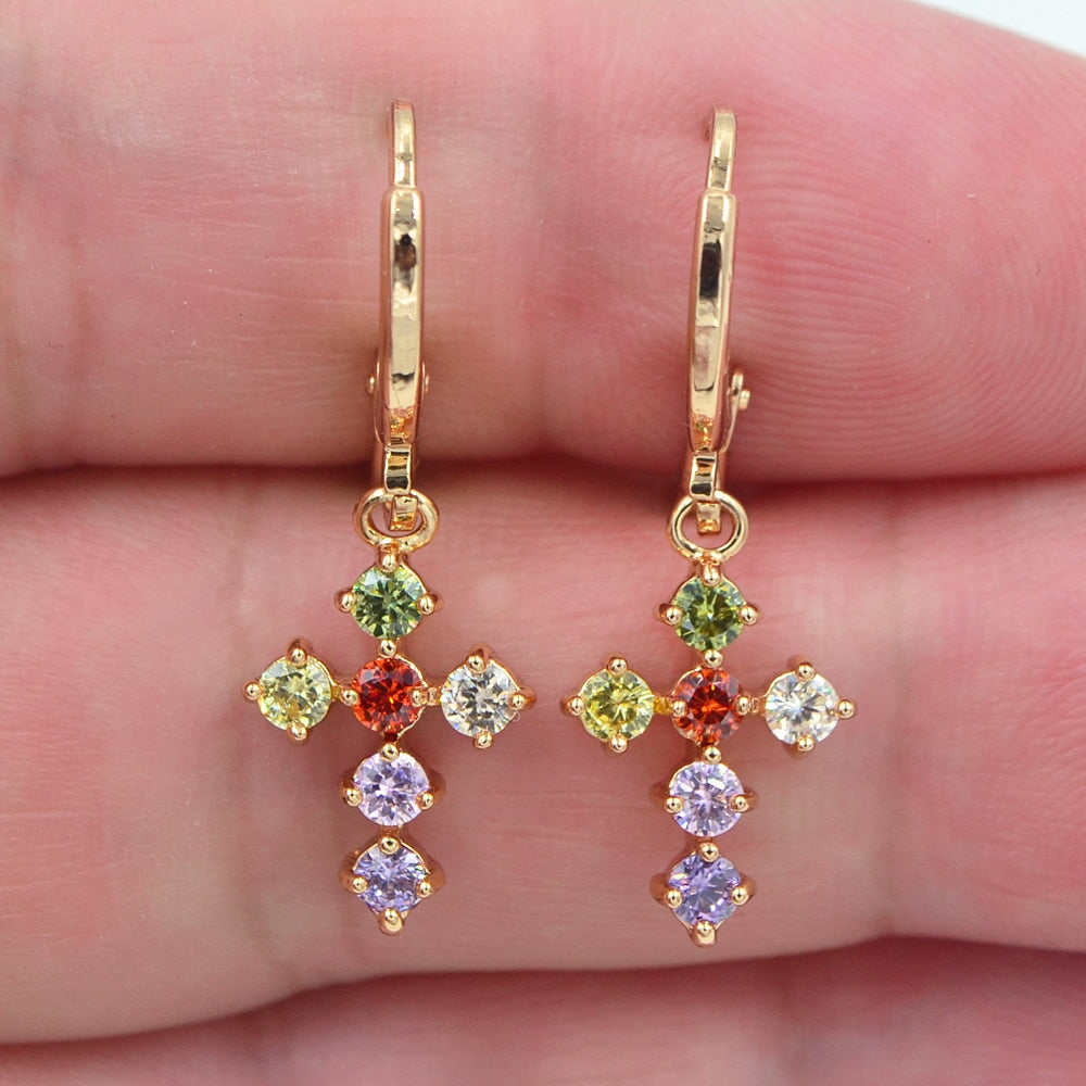 Fashion Jewelry Gold Color Colorful CZ Zircon Cross Dangle Earrings for Women