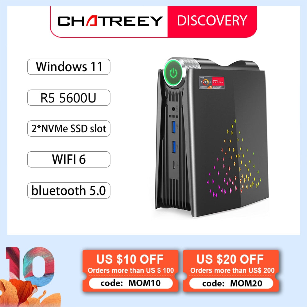 Chatreey AMR5 Mini PC Ryzen 5 5600U Colorful Lighting Gaming Desktop Computer Dual m.2 SSD Wifi6 BT 5.2 Pre-install Windows 11