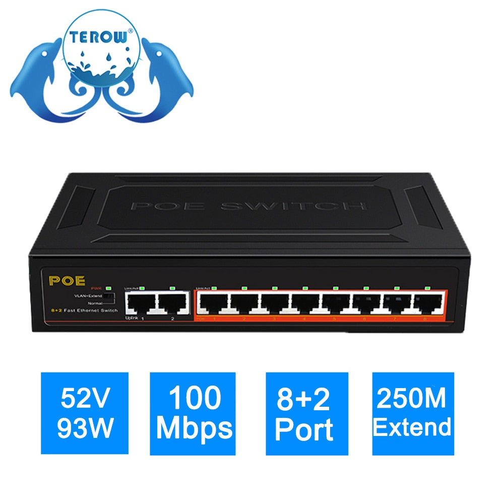 TEROW POE Switch 10-Port 100Mbps إيثرنت مفتاح ذكي 8 PoE + 2 UpLink مع مركز شبكة منزلية للمكتب والطاقة الداخلية لكاميرا IP