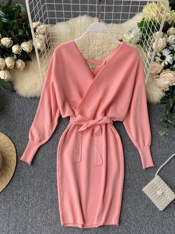 YuooMuoo Autumn Winter Women Knitted Sweater Dress 2022 New Korean Long Batwing Sleeve V Neck Elegant Dress Ladies Bandage Dress