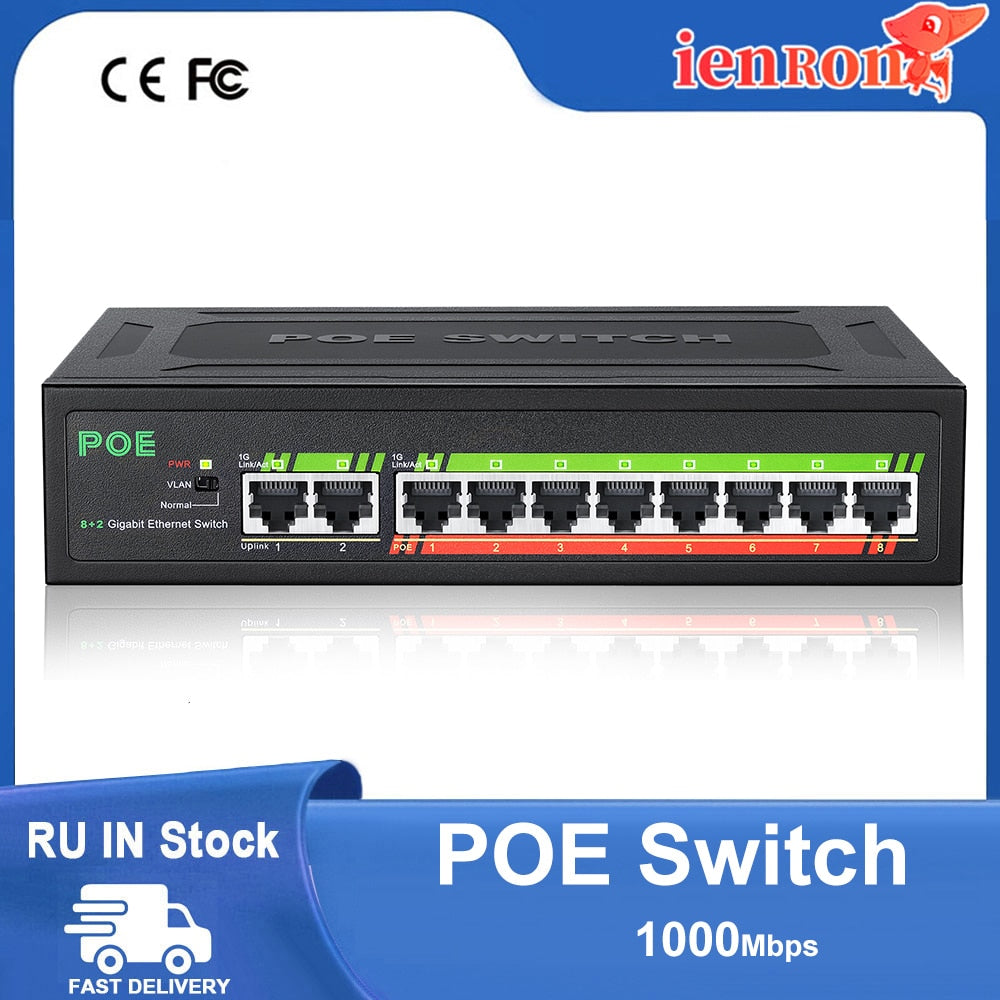 IENRON POE Switch 1000 ميجابت في الثانية 8 منافذ شبكة قياسية POE محول إيثرنت 52 فولت طاقة مدمجة لكاميرا CCTV IP/جهاز توجيه WiFi