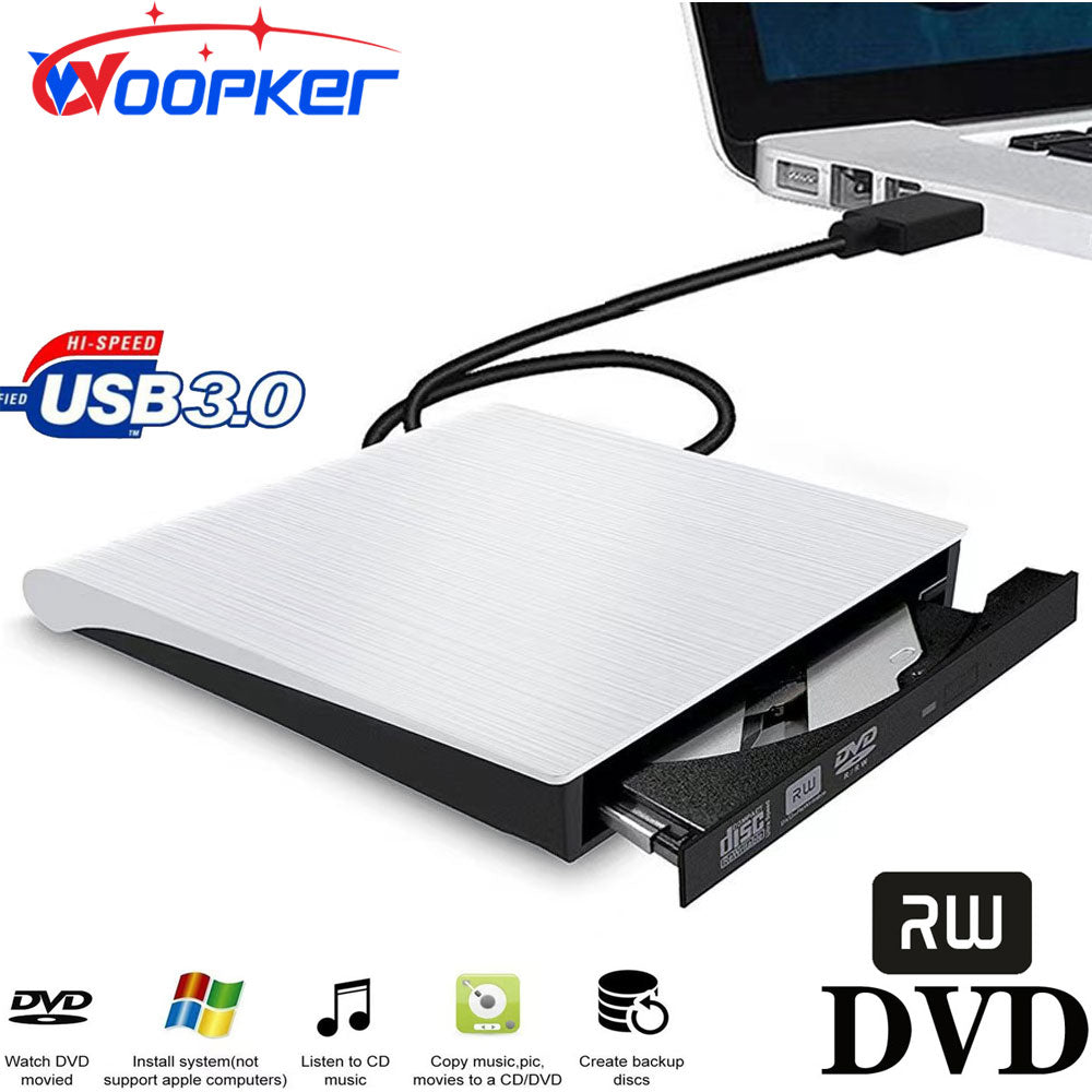 مشغل DVD خارجي Woopker USB 3.0 محمول DVD RW محرك الأقراص المضغوطة متوافق مع الكمبيوتر المحمول وسطح المكتب ونظام التشغيل Windows Linux OS Apple Mac باللون الأسود