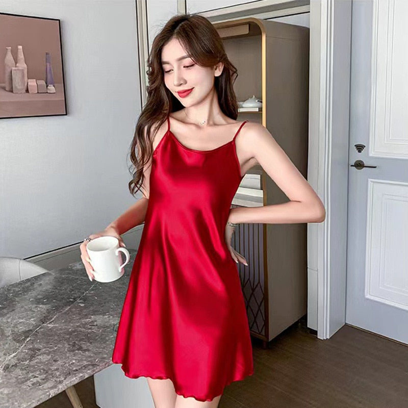 Silk Soft Sexy Women's Satin Nightdress Sexy Lotus Hem Sling Dress Chemise Mini Nightgown Women Lingerie Night Wear Summer Dress