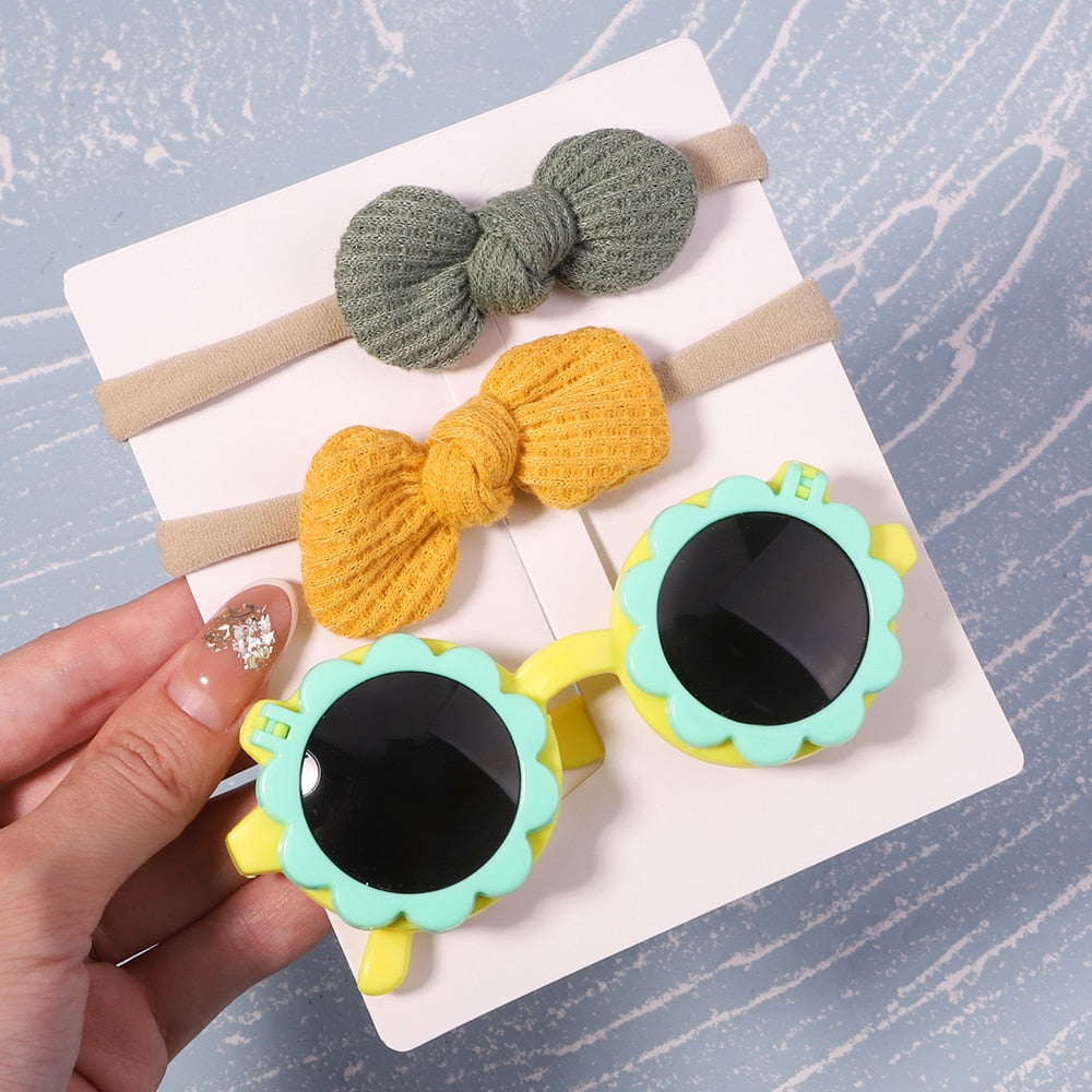 2Pcs/Pack Vintage Kids Summer Bows Headband Round Sunglasses Children Sun Glasses Protection Glasses Baby Hair Accessories