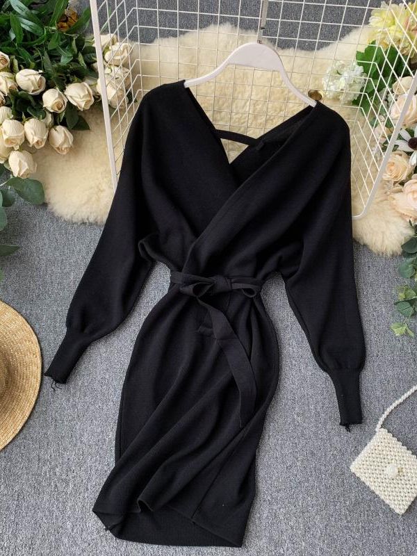 YuooMuoo Autumn Winter Women Knitted Sweater Dress 2022 New Korean Long Batwing Sleeve V Neck Elegant Dress Ladies Bandage Dress