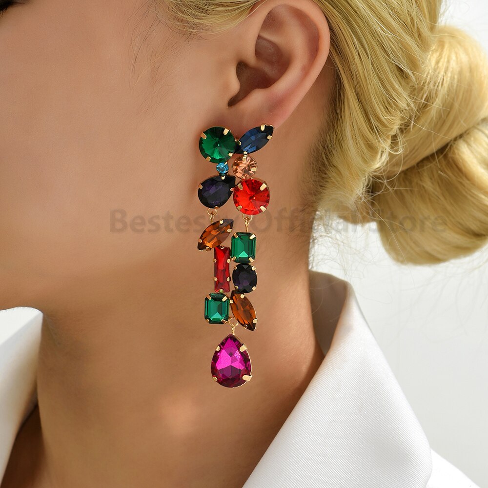 Geometric Rhinestone Fancy Long Drop Earrings For Women New Trend Luxury Design Copper Chain Jewelry Party Particular Pendientes