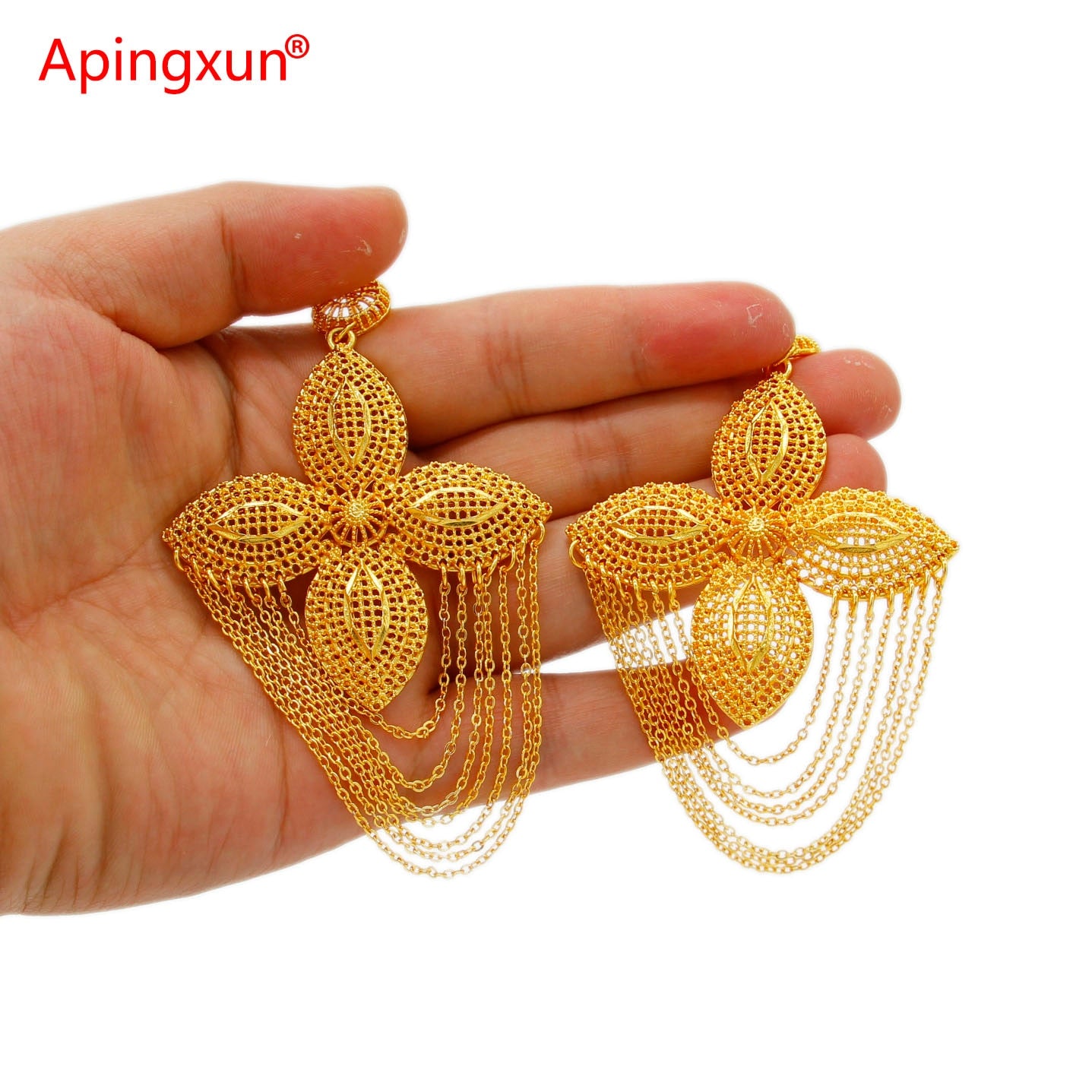 Apingxun New Design Gold Color Tassels Earrings Arab Ethiopian Women Girls Party Earrings French Wedding Jewelry Birthday Gifts