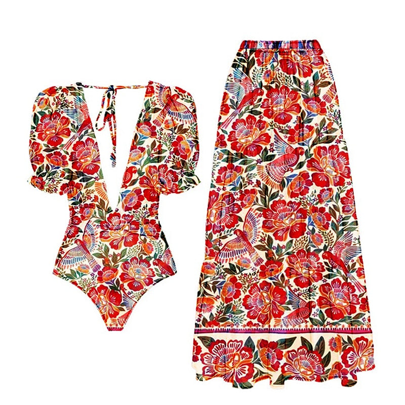 Lanswe2023 موضة جديدة للنساء غطاء ملابس السباحة ريترو طباعة عميق الخامس رائع الأحمر وقطعة واحدة بدلة مع ملابس السباحة الصيف ملابس الشاطئ