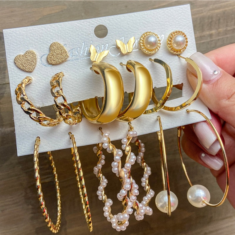 Fashion Gold Hoop Earrings Set Women Pearl Hoop Earrings Oversize Metal Circle Punk Earring 2020 Female Fashion Jewelry