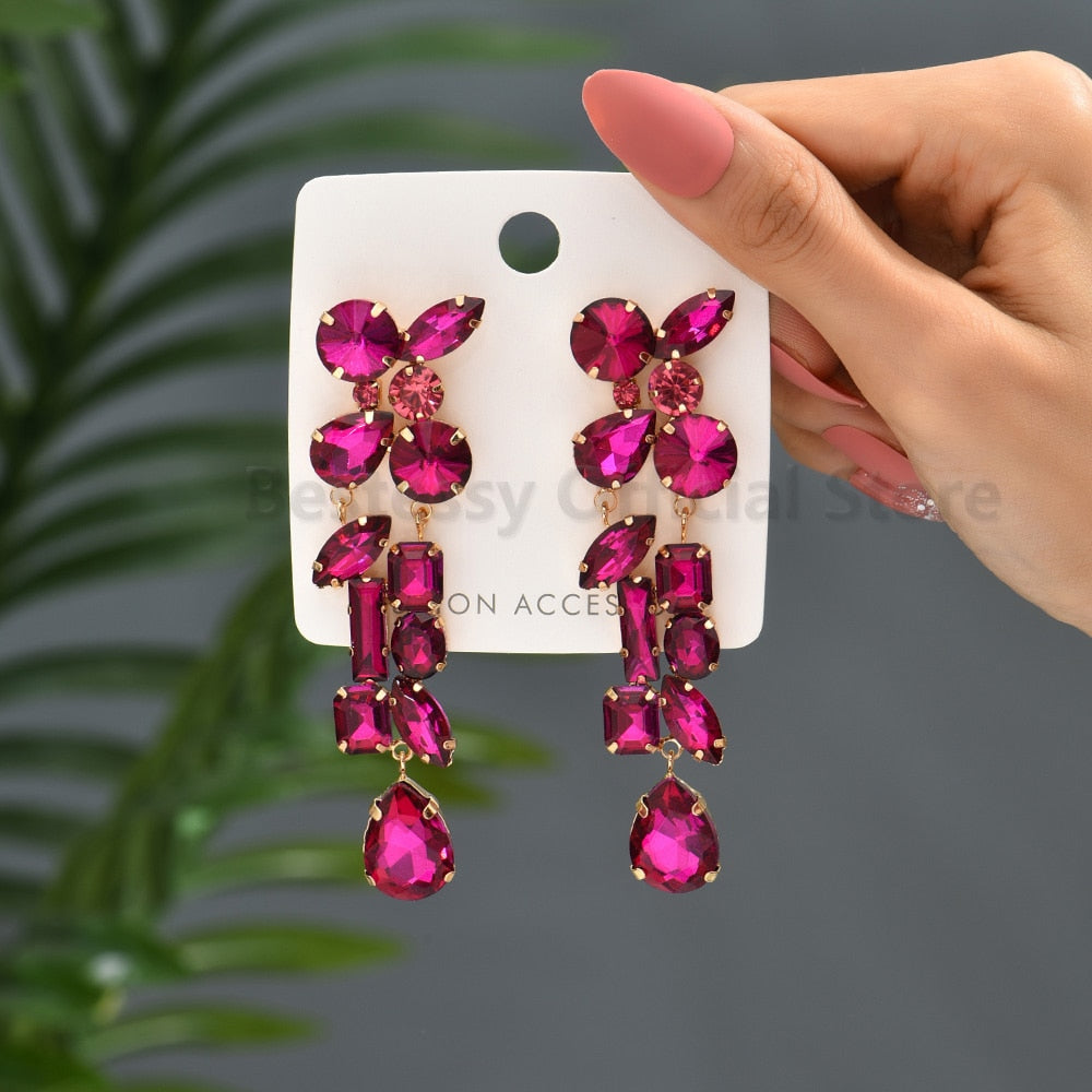 Geometric Rhinestone Fancy Long Drop Earrings For Women New Trend Luxury Design Copper Chain Jewelry Party Particular Pendientes