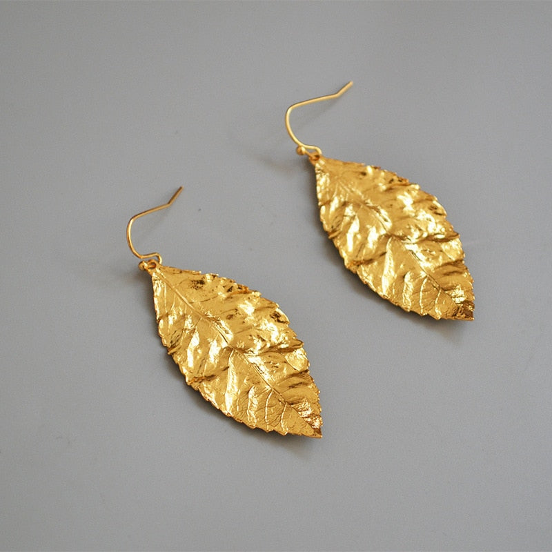 Leaf shape gold plated earrings dangles women fashion earrings drop high quality