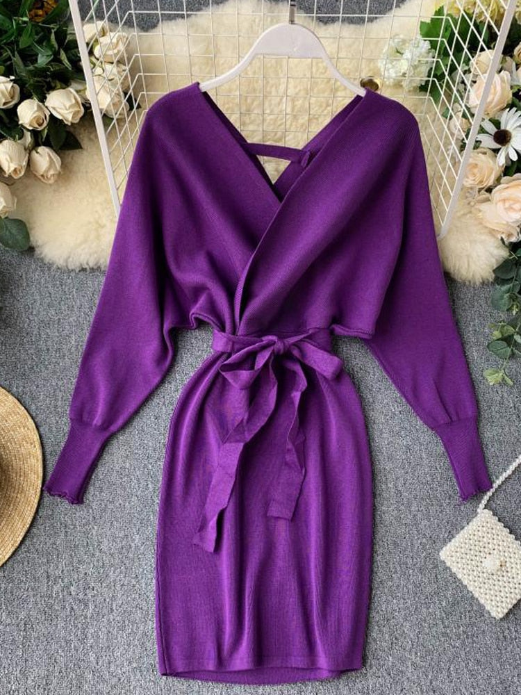 YuooMuoo Autumn Winter Women Knitted Sweater Dress 2022 New Korean Long Batwing Sleeve V Neck Elegant Dress Ladies Bandage Dress