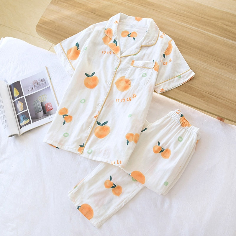 2023 Japanese style simple short women female 100% cotton gauze short sleeve trousers ladies pajamas suit cute pajamas sets home