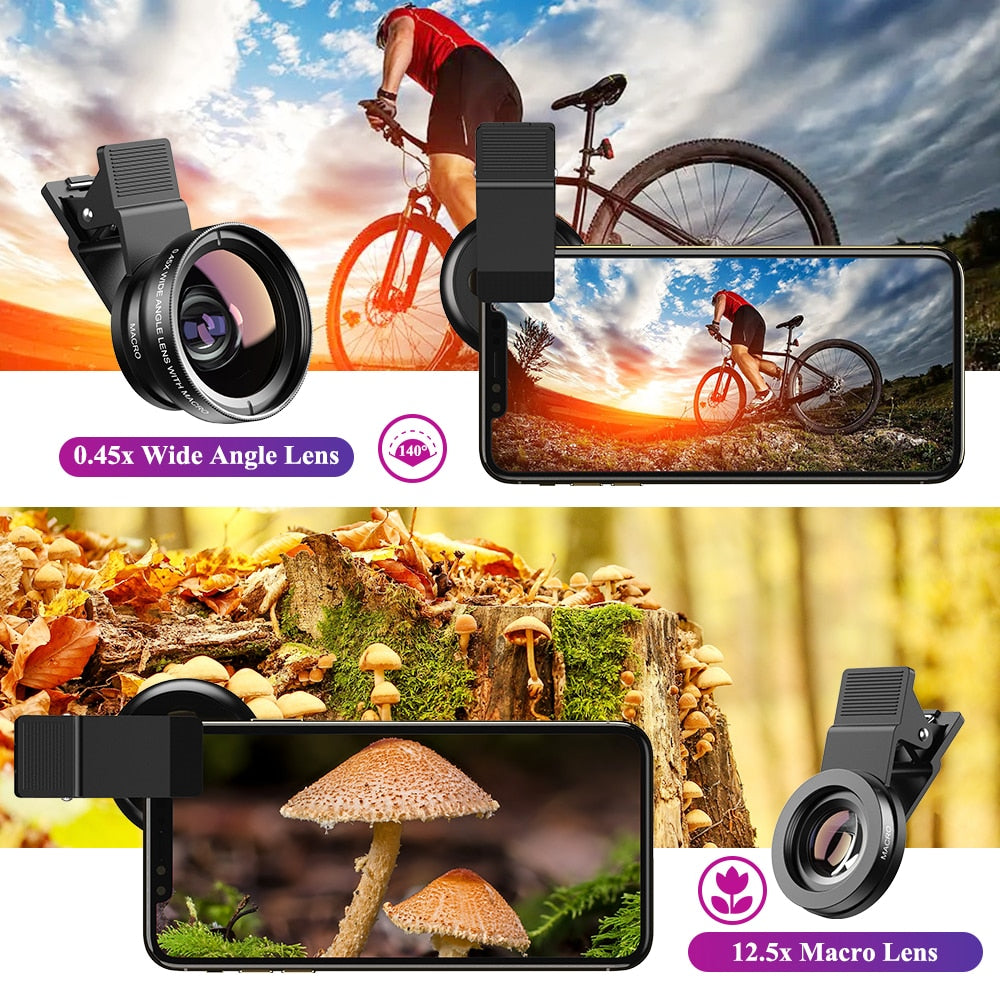 مجموعة عدسات الهاتف APEXEL بزاوية واسعة للغاية 0.45x وعدسة ماكرو 12.5x عالية الدقة لكاميرا iPhone 6S 7 Xiaomi المزيد من الهواتف المحمولة