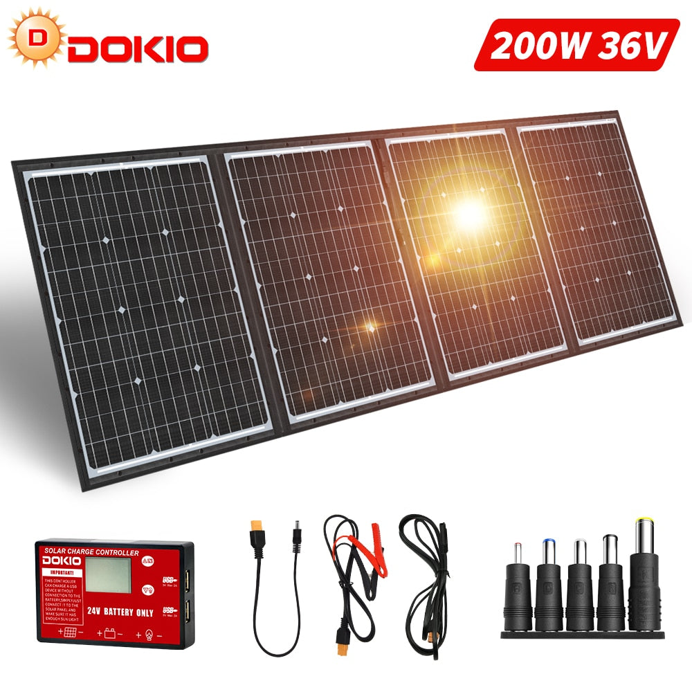 DOKIO 36V 200W 300W Portable Foldable Solar Panel With 10A Controller 24V For Travel &amp; Phone &amp; Boat Solar System Kit