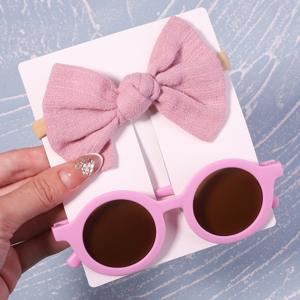 2Pcs/Pack Vintage Kids Summer Bows Headband Round Sunglasses Children Sun Glasses Protection Glasses Baby Hair Accessories