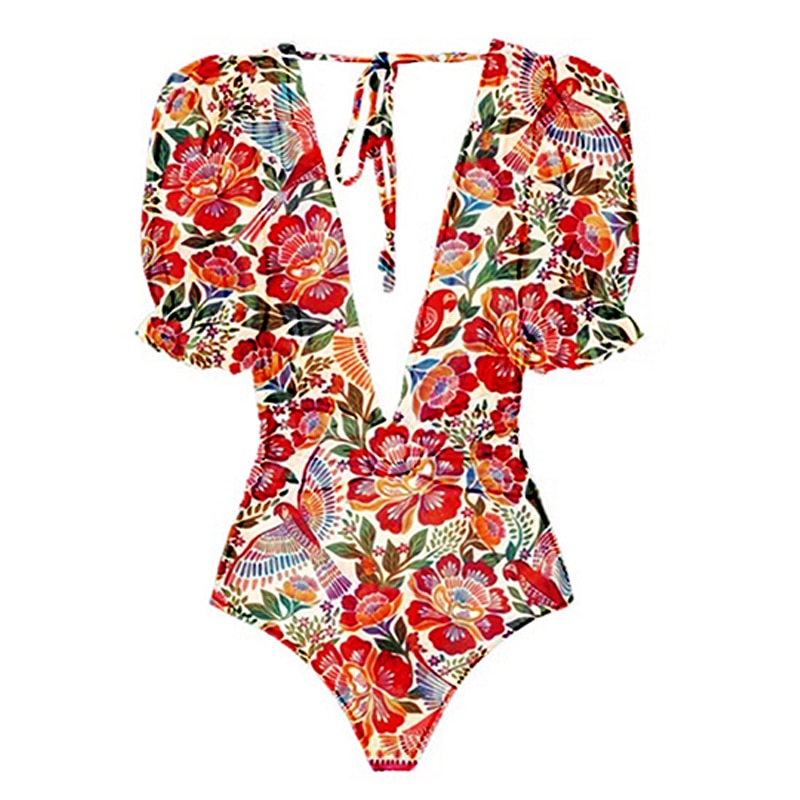 Lanswe2023 موضة جديدة للنساء غطاء ملابس السباحة ريترو طباعة عميق الخامس رائع الأحمر وقطعة واحدة بدلة مع ملابس السباحة الصيف ملابس الشاطئ