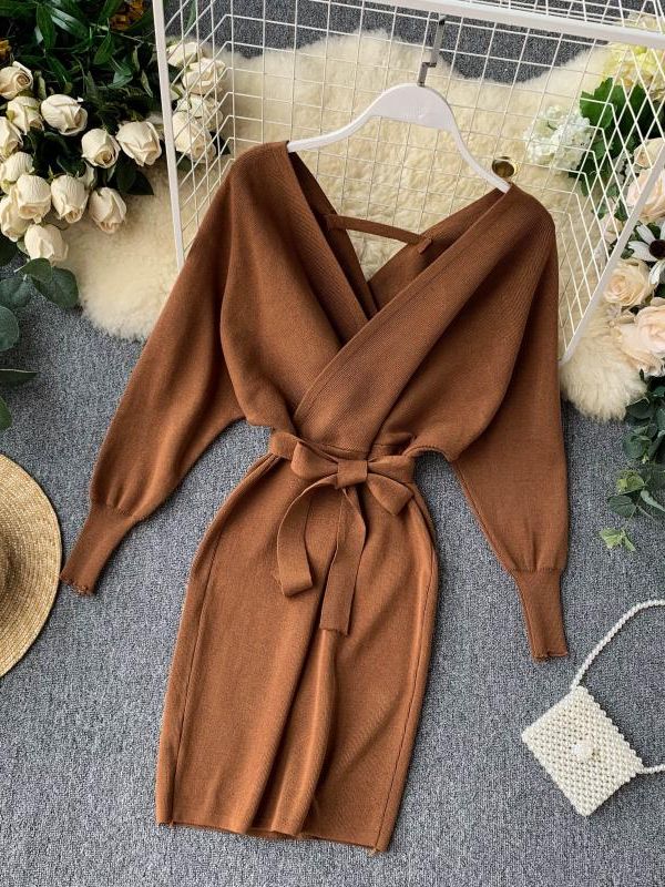 YuooMuoo Autumn Winter Women Knitted Sweater Dress 2022 New Korean Long Batwing Sleeve V Neck Elegant Dress Ladies Bandage Dress