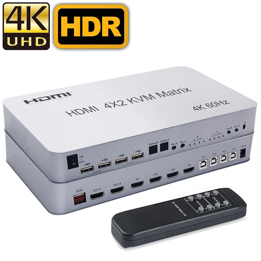 4K 60 هرتز مصفوفة HDMI KVM التبديل 4x2 4 في 2 خارج KVM الجلاد شاشة مزدوجة 4 ميناء KVM التبديل مصفوفة الجلاد HDMI USB PC 4 الكمبيوتر