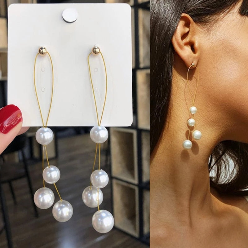 Trend Exquisite Simulated Pearl Long Drop Earrings For Women Party Wedding Female Jewelry Gift Beauty Korean Sexy jewelry Access