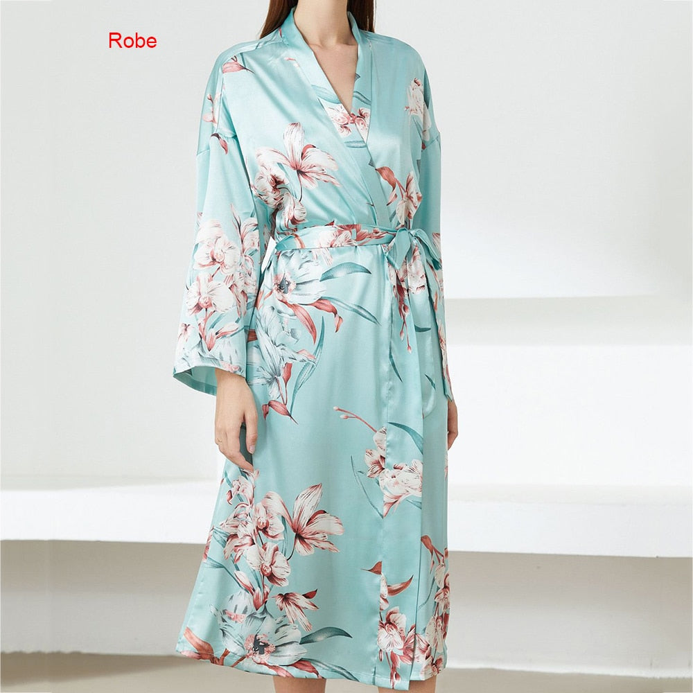 Print Flower Nighty&amp;Robe Suit Sleepwear Sexy Satin Kimono Gown Women Bathrobe Intimate Lingerie Nightwear Silky Nightgown
