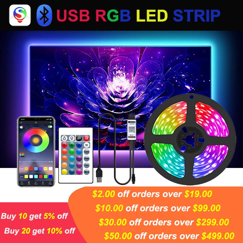 أضواء شريط Led شريط RGB مع وحدة تحكم شرائط ليد بلوتوث 5050 شرائط ليد USB بلوتوث 15 متر لتزيين غرفة التلفزيون