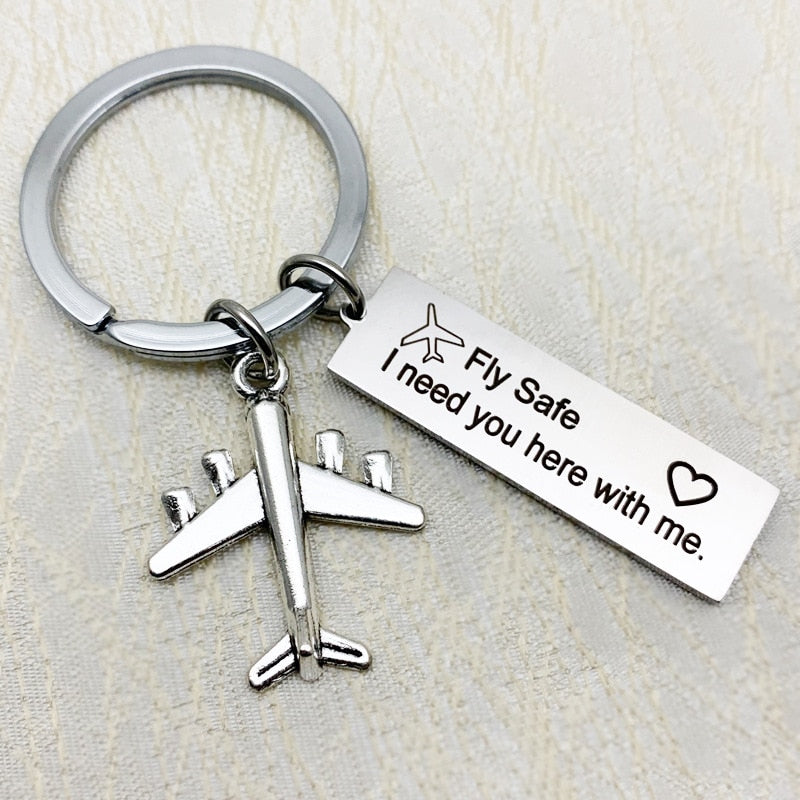 New Plane Fly Safe I Need You Here with Me Keychain Pendant  Pilot Boyfriends Husband Gifts Key Chain Dad Fathers Day Gift