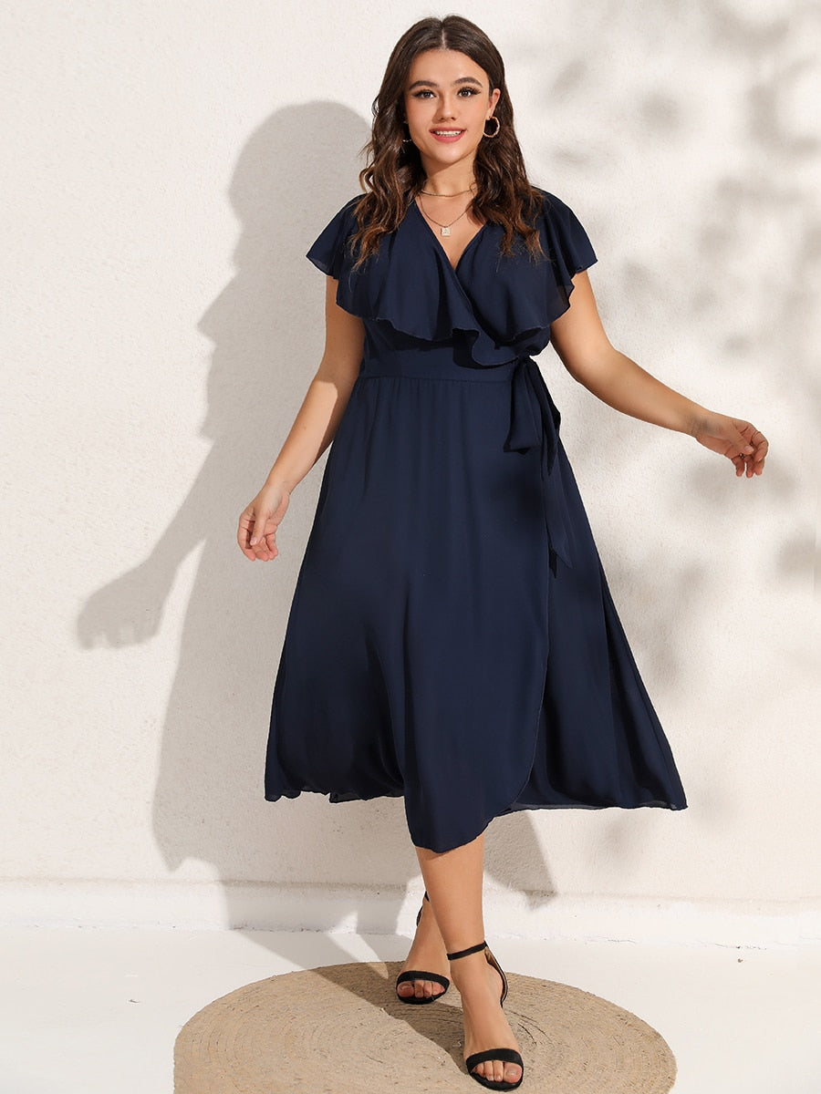 Finjani Belted Wrap Dress For Women 2022 Plus Size Summer Midi Dress V-Neck Solid Ruffle Sleeve Party Dresses