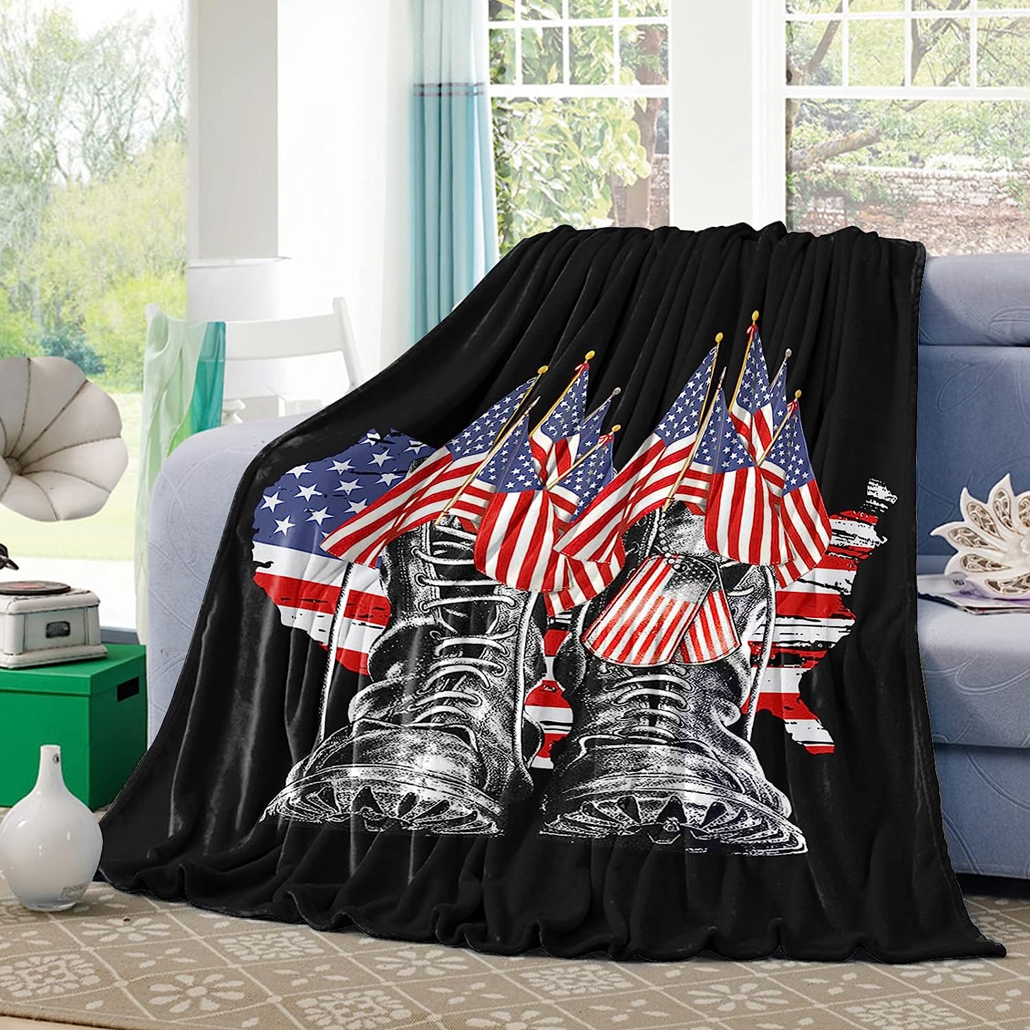 Memorial Day Soldier Shoes Throw Blankets, USA Star Striped Flag Luxury Ultra Soft Flannel Bed Blanket Blue White Red