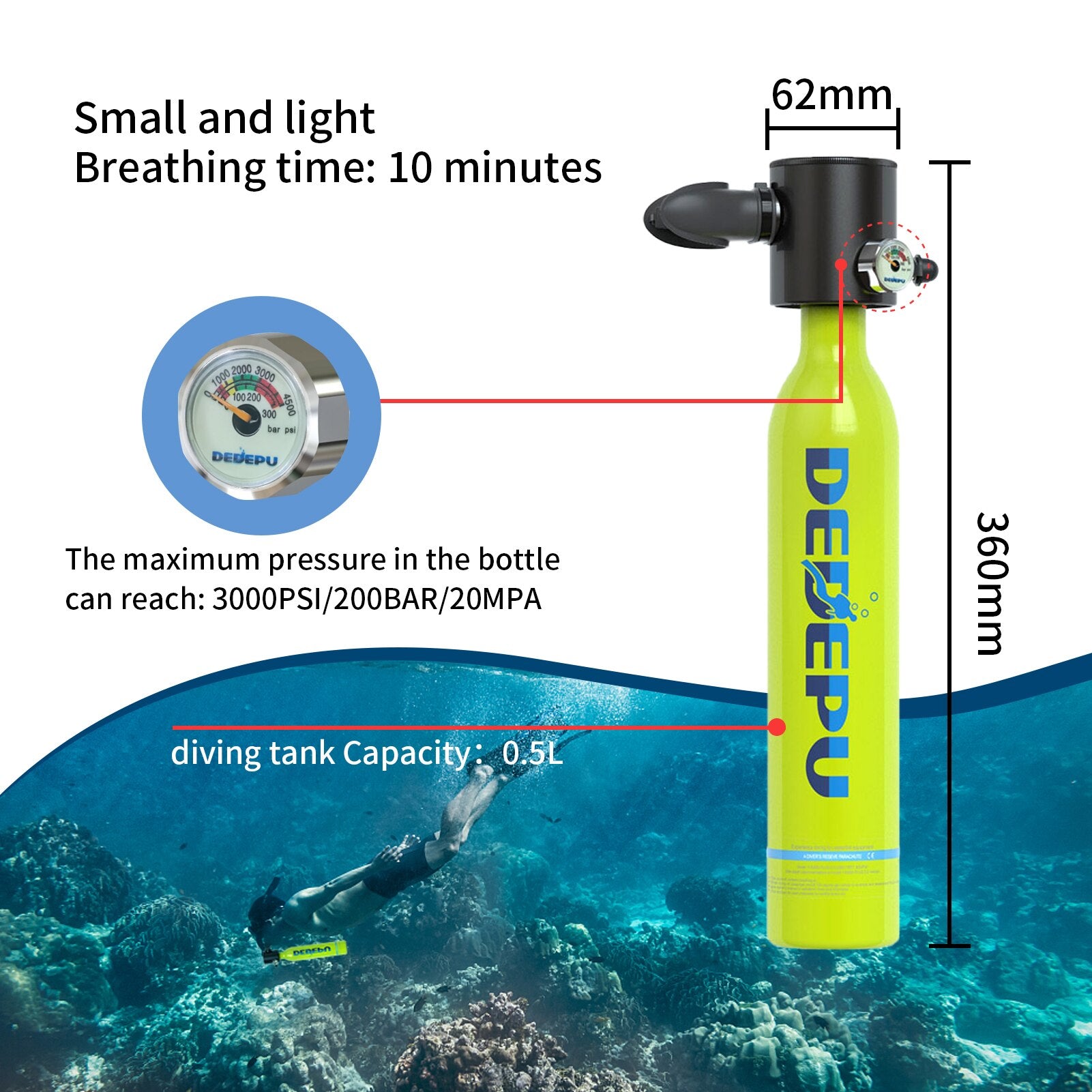DEDEPU خزان للغوص تحت الماء معدات اسطوانة الغوص الصغيرة الغوص زجاجة الأكسجين مع مضخة يدوية نظارات الغوص الغوص