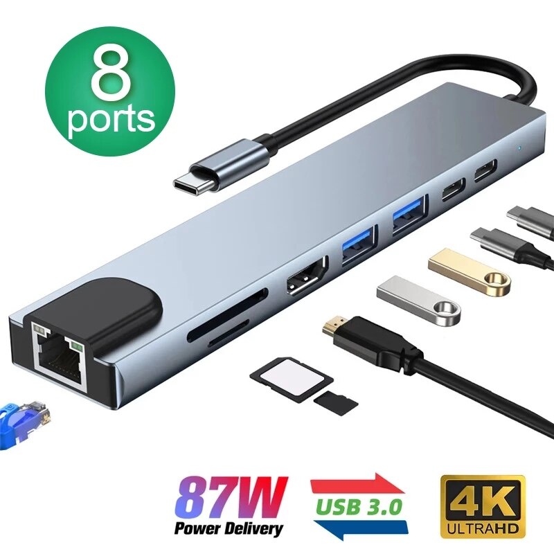 محول USB C Hub 8 في 1 من النوع C 3.1 إلى 4K HDMI مع قارئ بطاقة RJ45 SD/TF PD شحن سريع لأجهزة الكمبيوتر المحمول MacBook Notebook