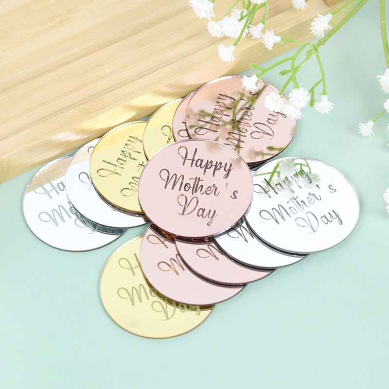 5/10pcs Rose Gold Silver Happy Mother‘s Day Happy Father’s Day Acrylic Circle Cupcake Topper Party Dessert Cake DIY Decorations