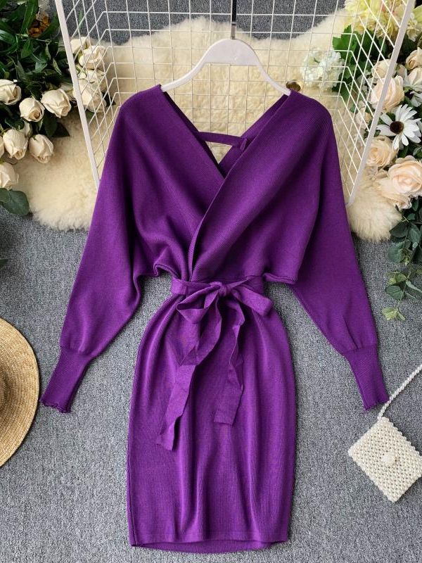 YuooMuoo Autumn Winter Women Knitted Sweater Dress 2022 New Korean Long Batwing Sleeve V Neck Elegant Dress Ladies Bandage Dress