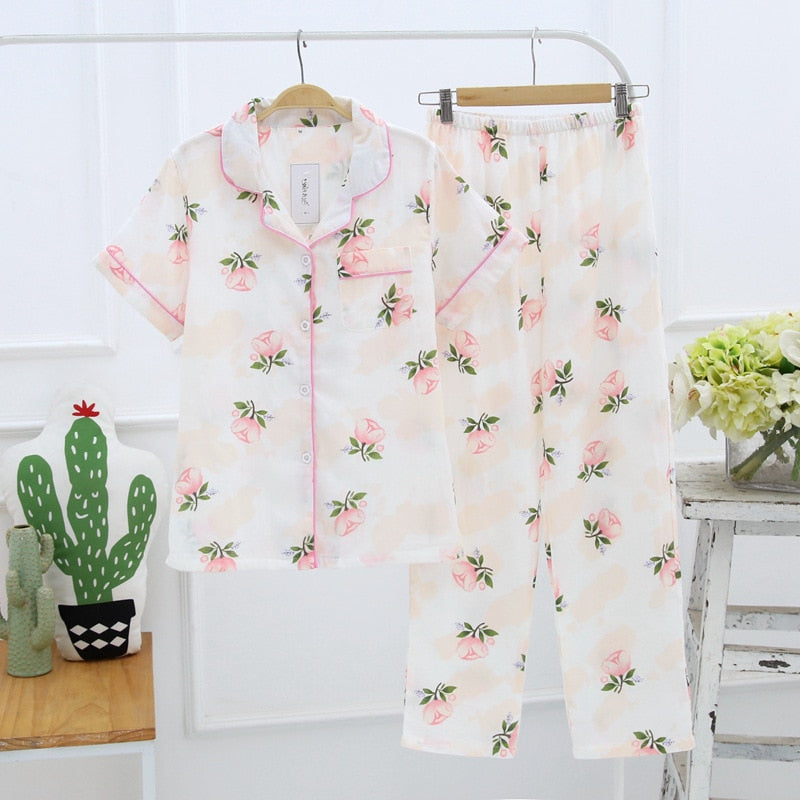 2023 Japanese style simple short women female 100% cotton gauze short sleeve trousers ladies pajamas suit cute pajamas sets home