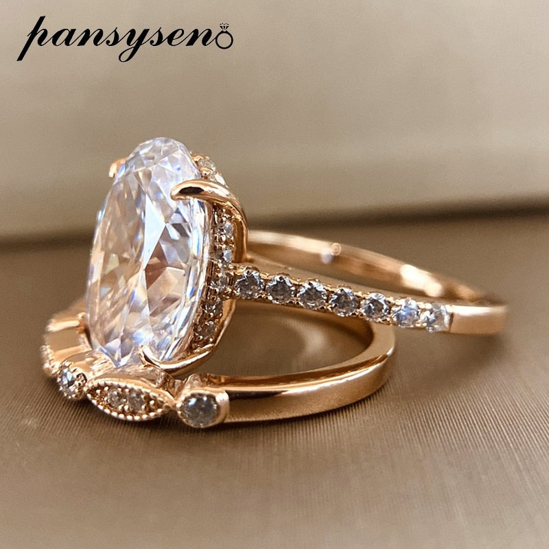 PANSYSEN  9ct Radiant Cut 9*13MM lab Moissanite Diamond Ring sets for Women Solid 925 Sterling Silver 18K Rose Gold Color Rings