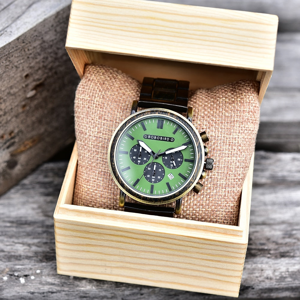 BOBO BIRD Wooden Watch Men Stopwatch Chronograph Luxury Stylish Show Date Wood Quartz Wristwatch Male Timepieces In Gift Box OEM