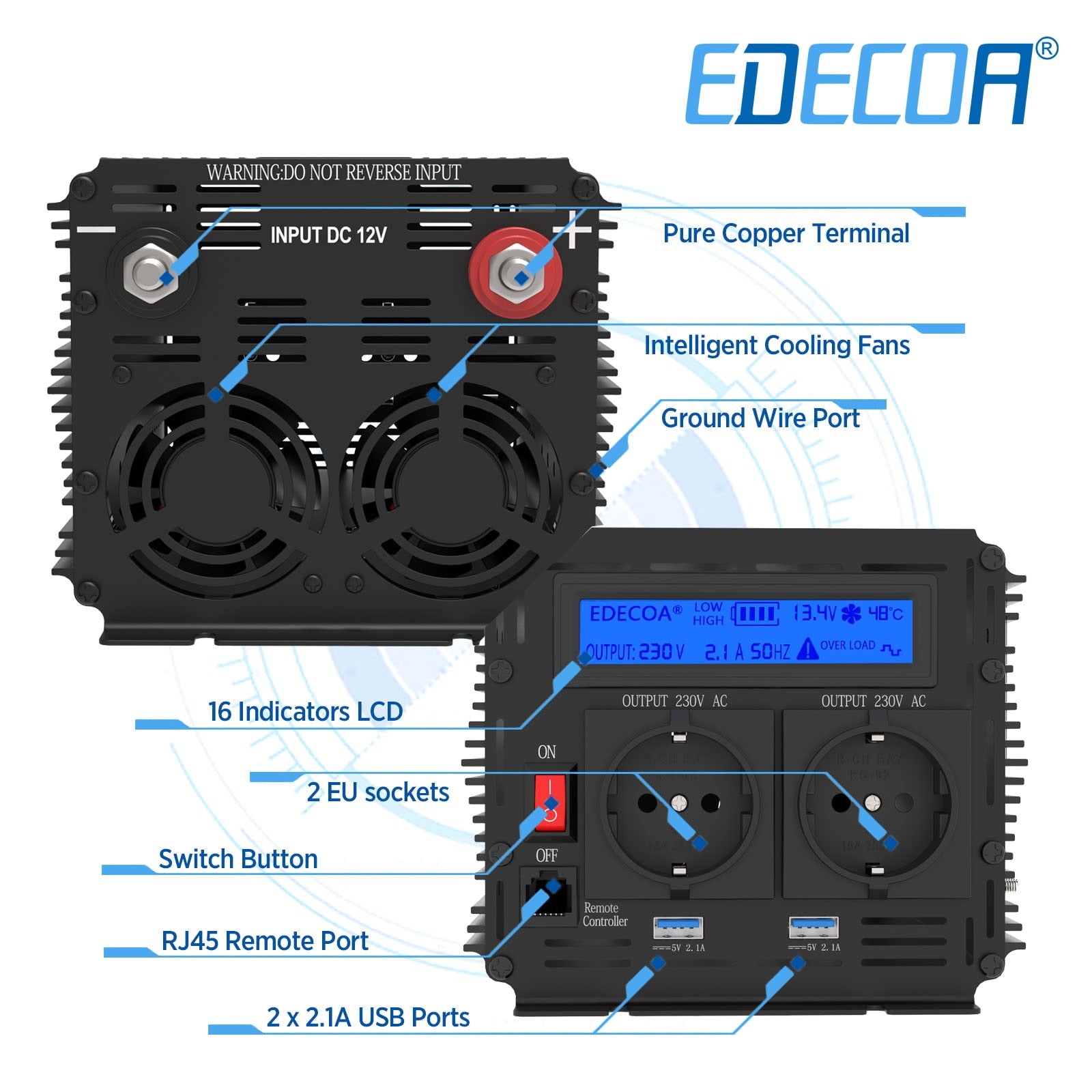 Edecoa 2000W  Modified Sine Wave Converter Dc 12v 24v To Ac 220v 230v Off Grid Sine Wave Power Inverter 2000W