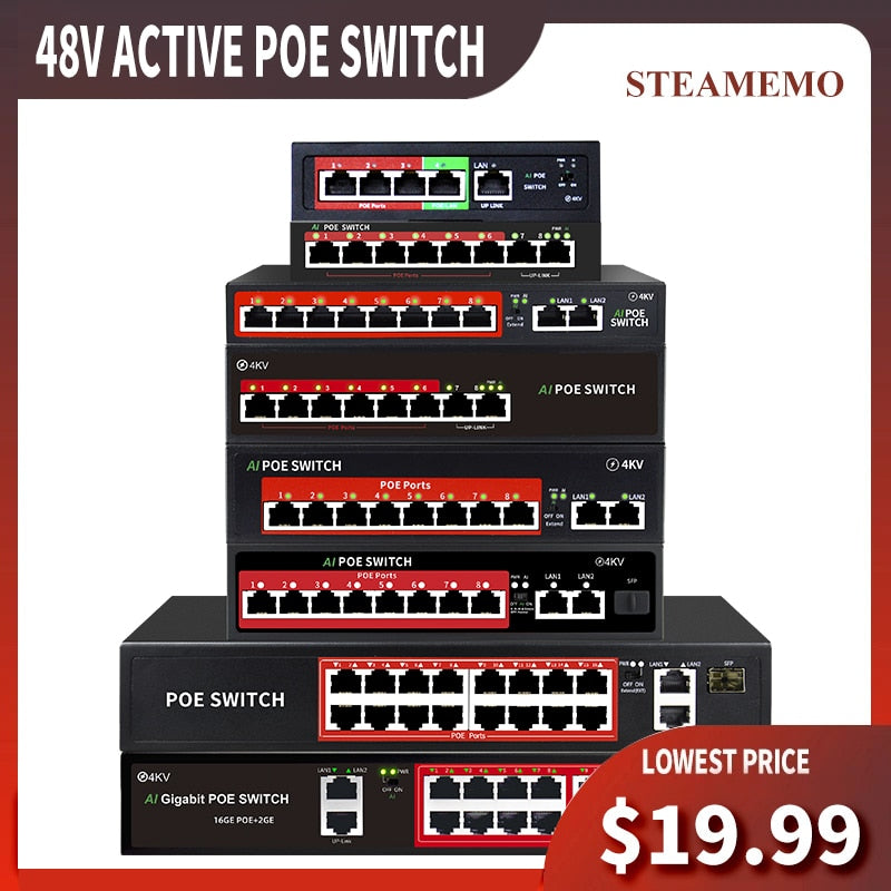 سلسلة STEAMEMO SSC AI POE Switch 4/6/8/16 منافذ محول الشبكة 90 واط مصدر الطاقة إيثرنت 10/100 ميجابت في الثانية لكاميرا IP نقطة وصول لاسلكية