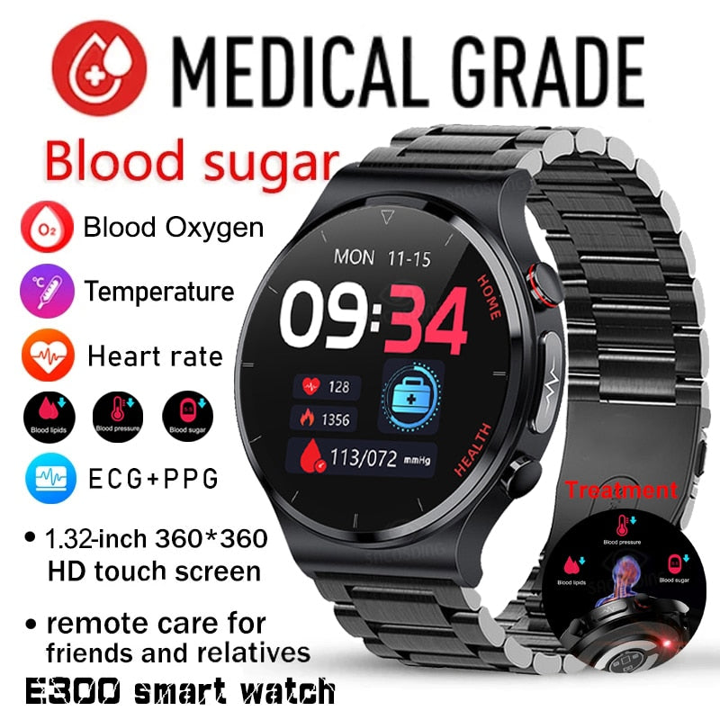 غير مؤلم غير الغازية السكر في الدم ساعة ذكية الرجال ECG PPG العلاج بالليزر الصحة ضغط الدم الرياضة Smartwatch غلوكوميترواتش