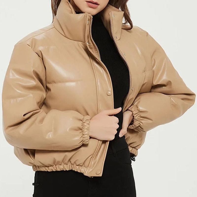 Zoki Winter Thick Women Short Parkas Warm Fashion PU Leather Coats